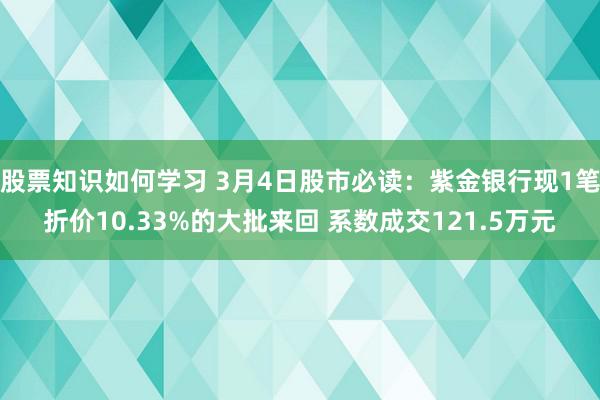 股票知识如何学习 3月4日股市必读：紫金银行现1笔折价10.33%的大批来回 系数成交121.5万元